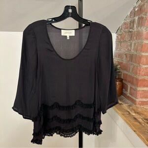 THE GREAT. 100% Silk 3/4 Sleeve Black Blouse With Ruffle Detail
